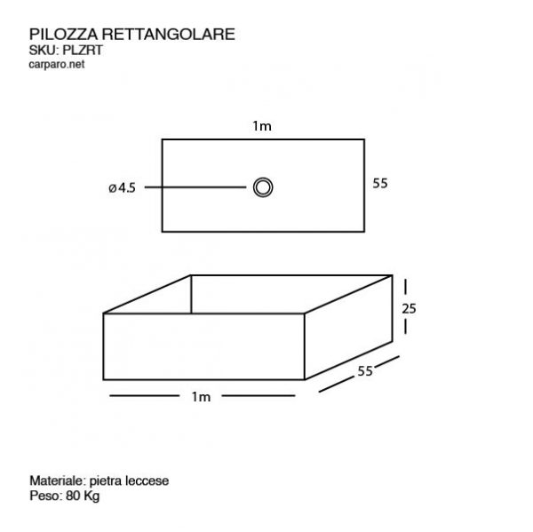 Sheda Tecnica Lavabo Pilozza rettangolare design effetto materico